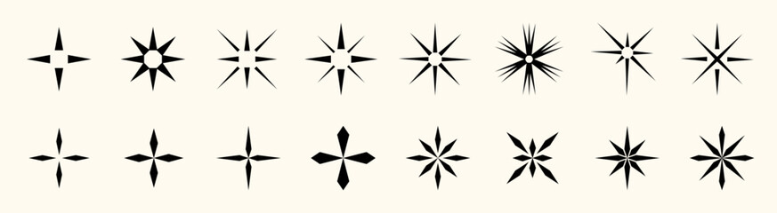 Modern vector star elements with flare, glare, and sparkle. Includes retro, handdrawn, and geometric forms. Ideal for party, holiday, or space themed illustrations.