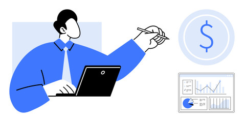 Business professional working on laptop, pointing to financial symbols and analyzing charts. Ideal for financial planning, analytics, business strategy, investment, consulting, startup, simple