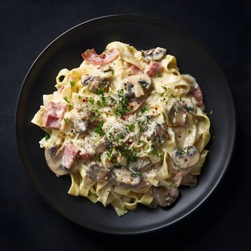 Creamy Mushroom and Ham Tagliatelle Pasta Overhead Food Photography