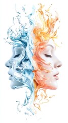 Duality of Human Nature, abstract illustration of a face divided into warm and cold color palettes, representing emotion and logic, white background