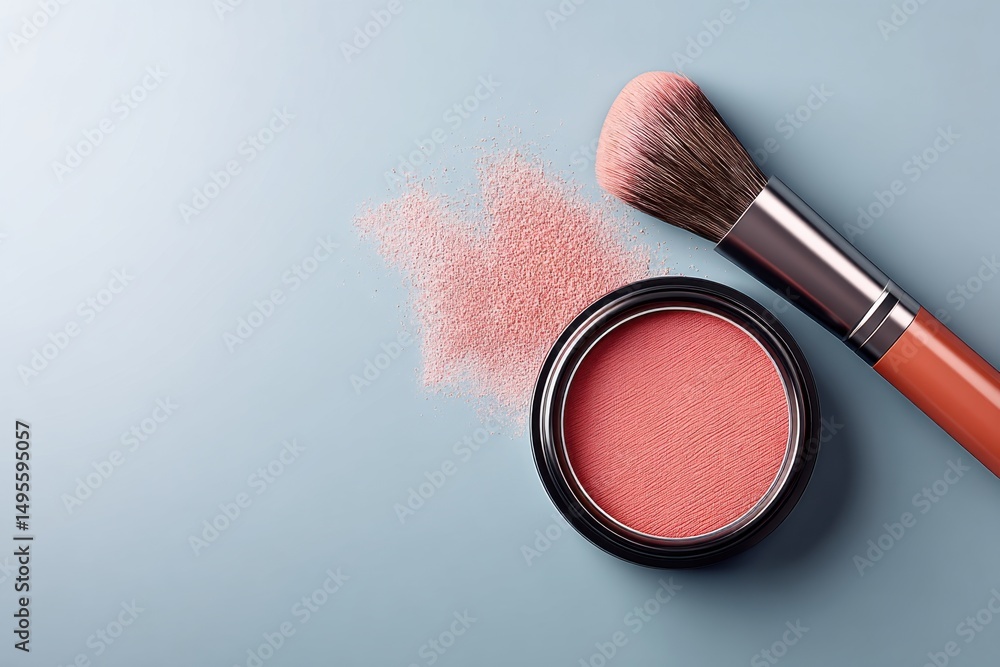 Poster creative blush mockup featuring compacts and application tools on a blue background with space for t