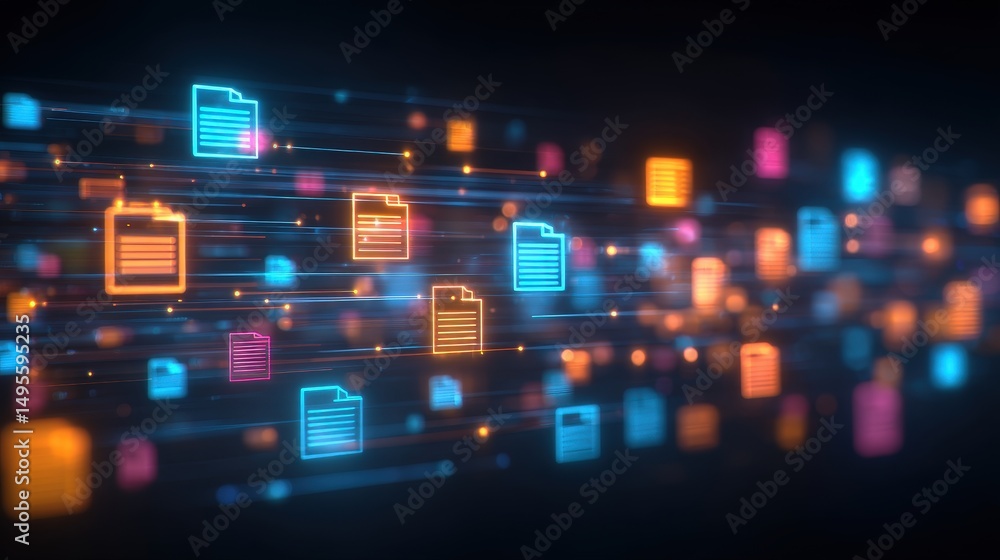 Poster abstract network grid with files and folders, futuristic software interface, digital document manage