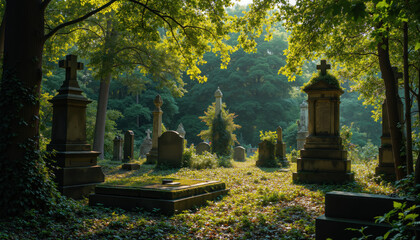 Fototapeta premium Ancient Cemetery with Moss-Covered Graves in Dense Forest at Sunrise, Overgrown Tombstones in Woodland Setting with Sunlight Filtering Through Tall Trees and Ivy