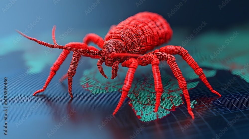 Poster a red, digital 3d model of a mite or tick is displayed on a futuristic map background, highlighting 