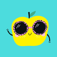 Cute yellow cartoon smiling apple character. Childish style. Vector