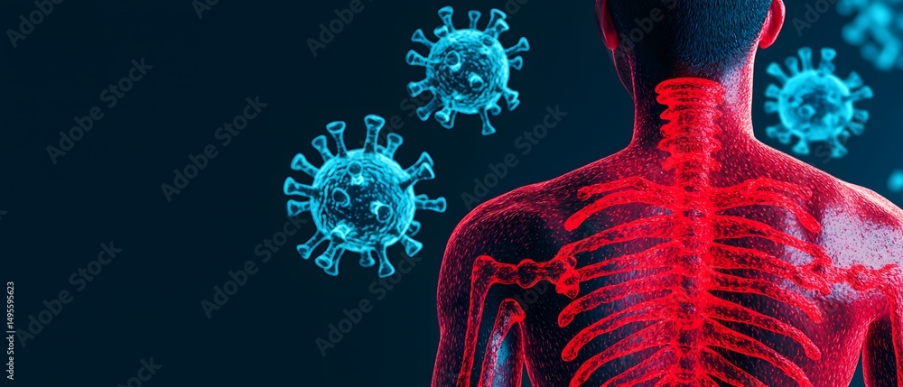 Poster a human figure with a highlighted skeletal system faces floating virus particles, representing infec