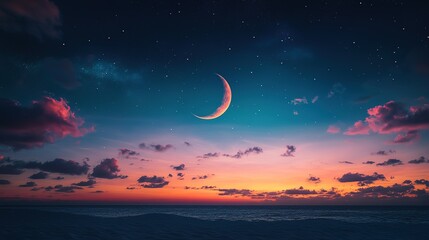 Serene night sky with crescent moon over tranquil ocean digital art dreamy atmosphere wide view