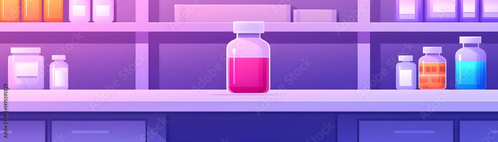 Poster colorful laboratory bottles and jars are arranged on shelves in a modern science lab with a clean, o