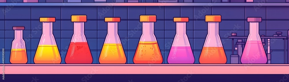 Poster colorful laboratory flasks filled with vibrant liquids are arranged in a row on a shelf in a modern 
