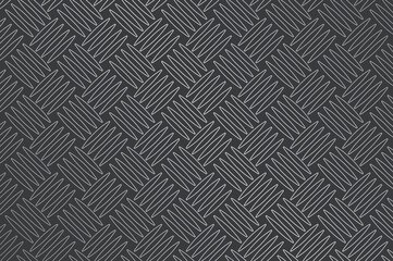 Dark gray diamond-plate metal texture with light gray crisscross pattern. Overhead view, seamless industrial background for grunge, machinery, or rugged design projects. Neutral lighting.