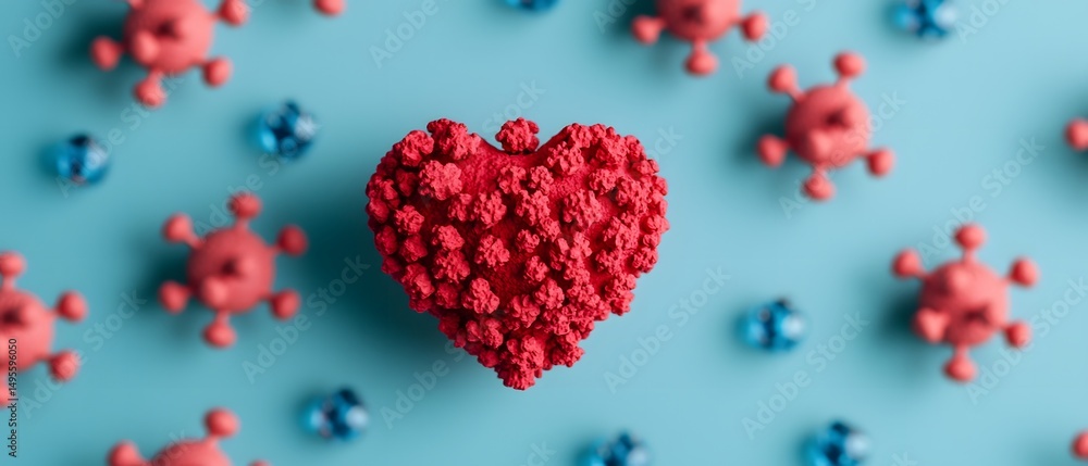 Poster a red heart-shaped object textured like a virus is surrounded by virus models on a blue background.