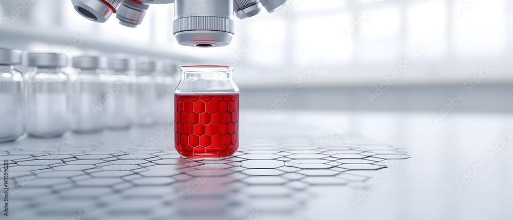 Poster a laboratory vial with red liquid is examined under a microscope on a futuristic hexagonal surface.