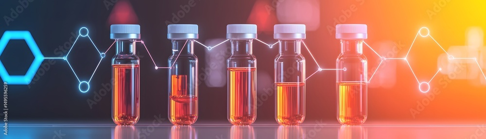Poster five vials with amber liquid stand in a row, set against a futuristic background featuring molecular