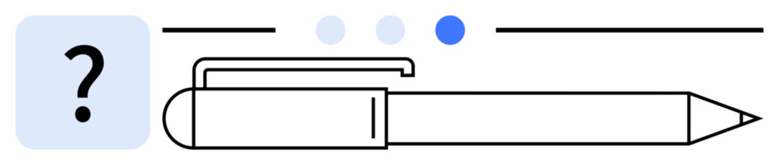 Question mark in blue square with pen below, denoting inquiry, problem-solving, writing, learning, creativity, education, and brainstorming. Ideal for manuals tutorials FAQs apps simple landing