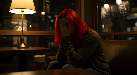 Woman with Red Hair Sitting Alone at Night, Feeling Sad and Distressed, Emotional Pain, Loneliness, Mental Health
