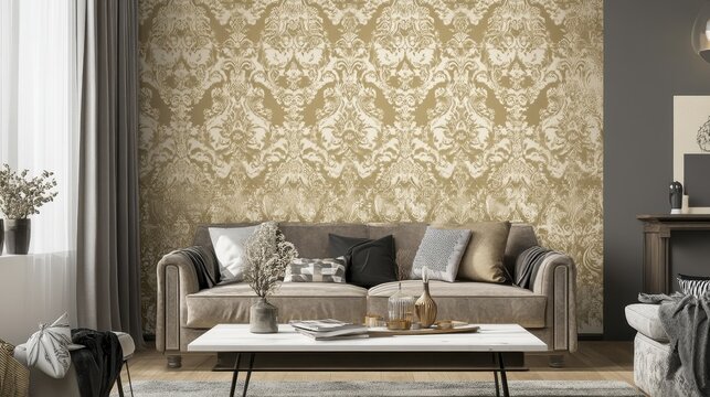 Ornate wallpaper design in a living room setting.