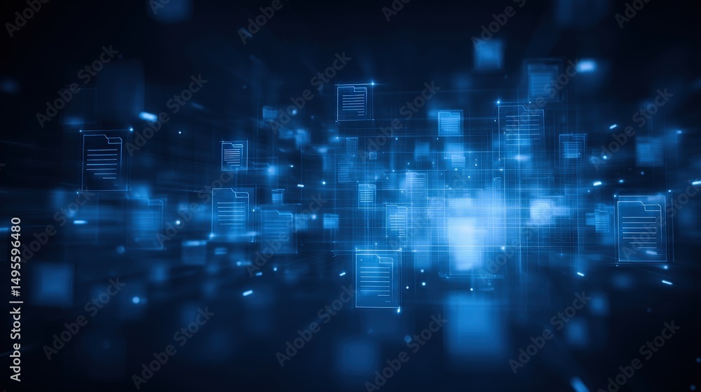 Poster abstract network grid with files and folders, futuristic software interface, digital document manage
