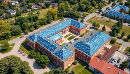 Fototapeta premium Aerial view of school campus with solar panels on rooftops, bird's eye view, eco