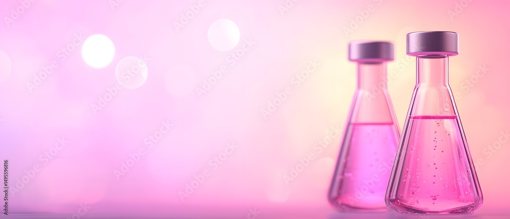 Poster two laboratory flasks filled with pink liquid are placed on a soft, pink gradient background with bo