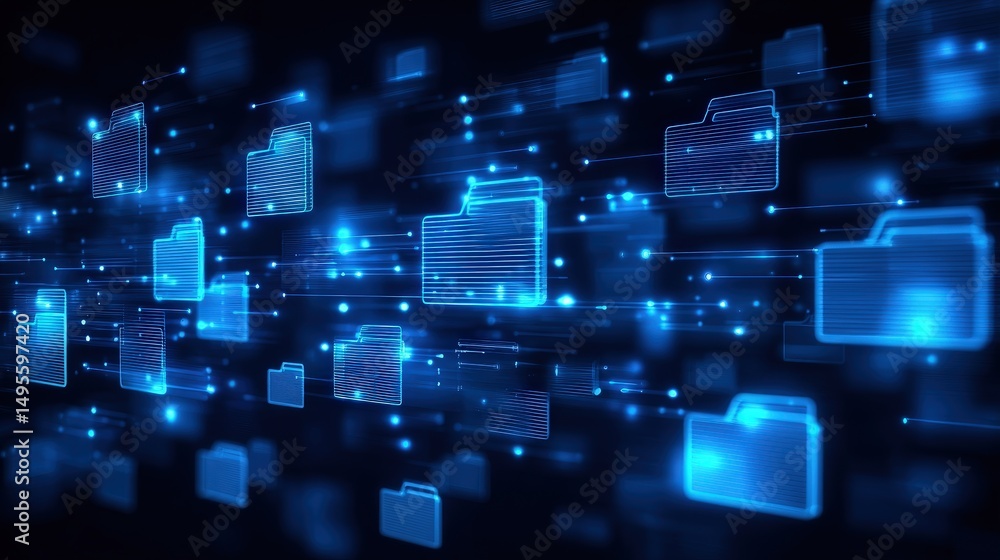 Poster abstract network grid with files and folders, futuristic software interface, digital document manage