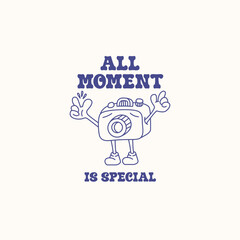 Retro line art cartoon mascot of camera, photography logo vector illustration
