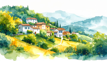 Obraz premium the painting depicts a charming village nestled on a hillside, with a cluster of buildings featuring white walls and roofs in shades of orange and brown