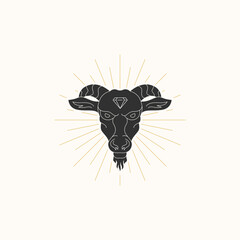 Stylized Ram with Diamond and Sunburst Illustration Design