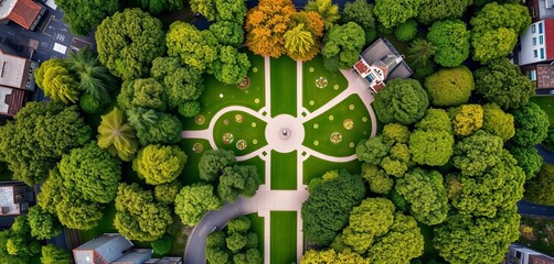 Fototapeta premium Aerial view of St Stephen's Green, Dublin, showcasing the park's layout and vibrant greenery, green space, greenery