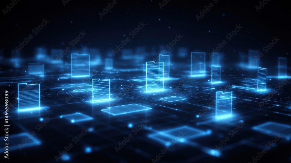 Poster abstract network grid with files and folders, futuristic software interface, digital document manage