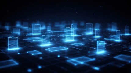 Abstract network grid with files and folders, futuristic software interface, digital document management system, store, search and organize documents, corporate business, paperless office	
