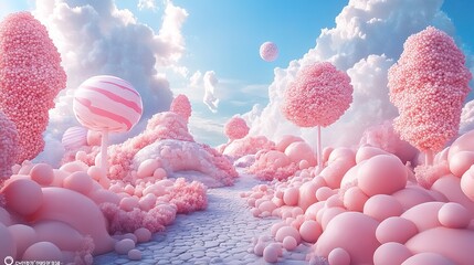 Whimsical candyland adventure fantasy landscape digital art serene environment aerial view imagination unleashed