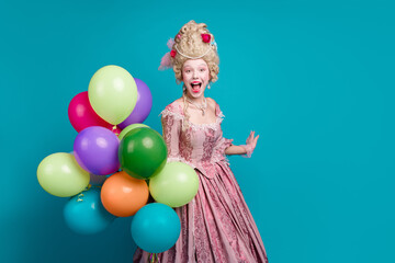 Photo of positive queen lady victorian era theme cosplay party isolated on blue color background