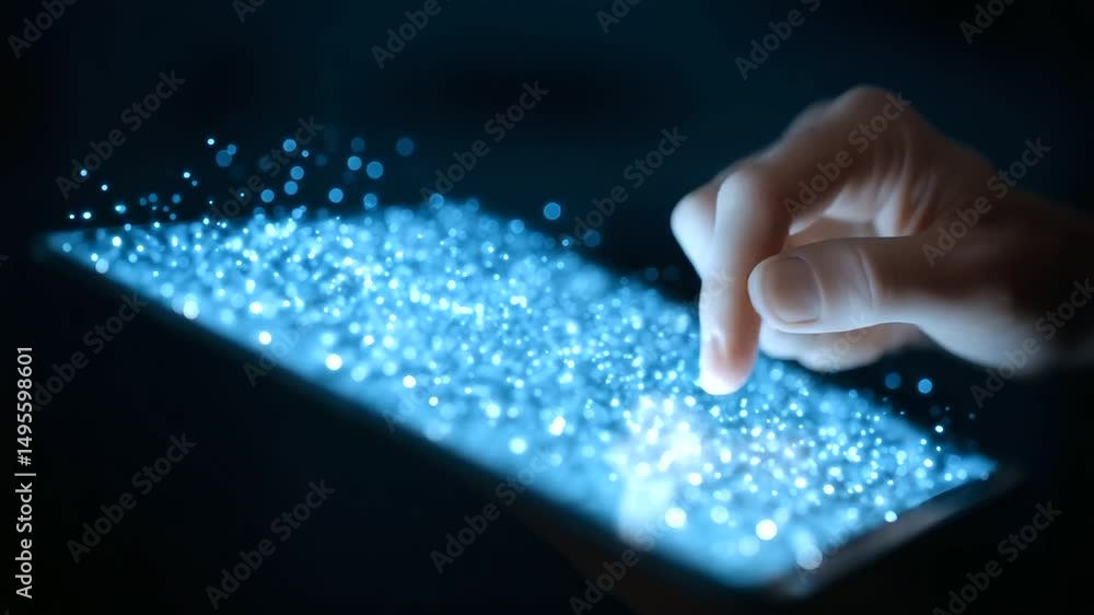 Poster cutting-edge holographic interface showcasing advanced digital data storage on a tablet.