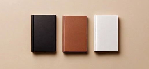 Fototapeta premium Three blank books of different colors, laid out on a beige surface