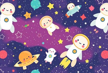 Adorable space animals in a whimsical cosmos pattern Seamless repeat for kids' fabric, vibrant, colorful
