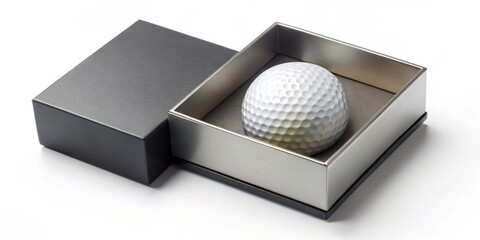 A single golf ball rests inside a sleek, modern presentation box, a perfect gift for a special occasion or celebratory moment.