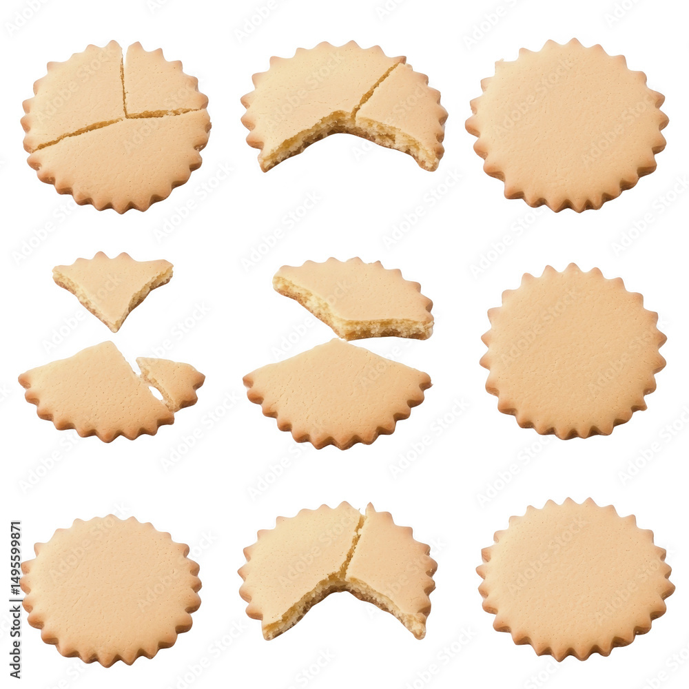 Poster collection of round cookies with scalloped edges, some whole and others broken, displayed on transpa