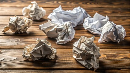 A collection of discarded crumpled papers rests on a rustic wooden surface, symbolizing brainstorming, creativity, and the process of idea generation and refinement.