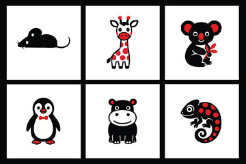 Infant Visual Stimulation Patterns, Black and white flash card with high contrast for baby vector, animals	
