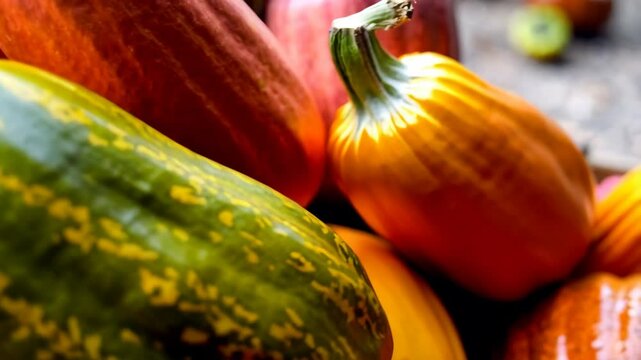 Close-up of a striped, green and yellow muskmelon next to vibrant orange pumpkins, suggesting autumn harvest and seasonal produce.