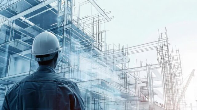 Construction site with a helmeted engineer on blueprints background, suitable for construction company presentations, architectural projects and construction training videos.
