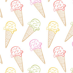 Seamless pattern with colorful outline ice cream cones on white background. Fun summer dessert design perfect for kids, packaging, fabric, wrapping, and stationery.