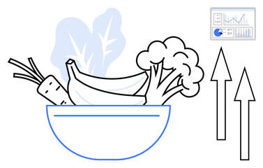 Bowl with carrot, banana, broccoli, and leaves, accompanied by arrows and a data chart. Ideal for nutrition, growth, health trends, diet analytics wellness simple landing page