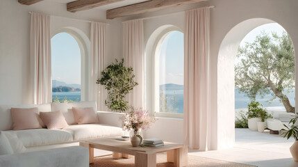 A matte white wall with soft rounded windows, blush curtains flowing slightly, natural light from coastal sun 39434804 1