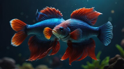 Fototapeta premium Two vividly colored fish with elaborate fins in a dark aquarium