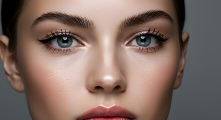 Naklejka premium Stunning Close-up Portrait of a Woman with Flawless Makeup, Featuring Defined Eyebrows, Smoky Eyes, and a Natural Lip Look. Perfect for Beauty Blogs, Makeup Tutorials, and Cosmetic Advertising.