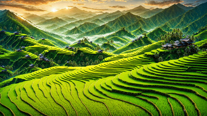 Fototapeta premium Vibrant Green Rice Terraces with Mountainous Sunset