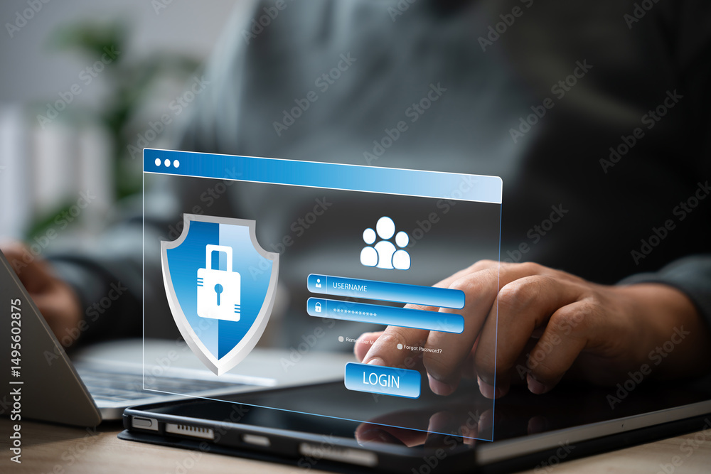 Poster data privacy and cyber security for business protection, protect personal information, businessman u