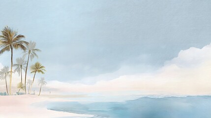 Minimalist Summer Beach Scene Palm Trees, Ocean, and Sky Watercolor Painting
