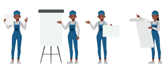Female handyman wear blue repairman apron character vector illustration design set. Women holding blank paper and presentation.